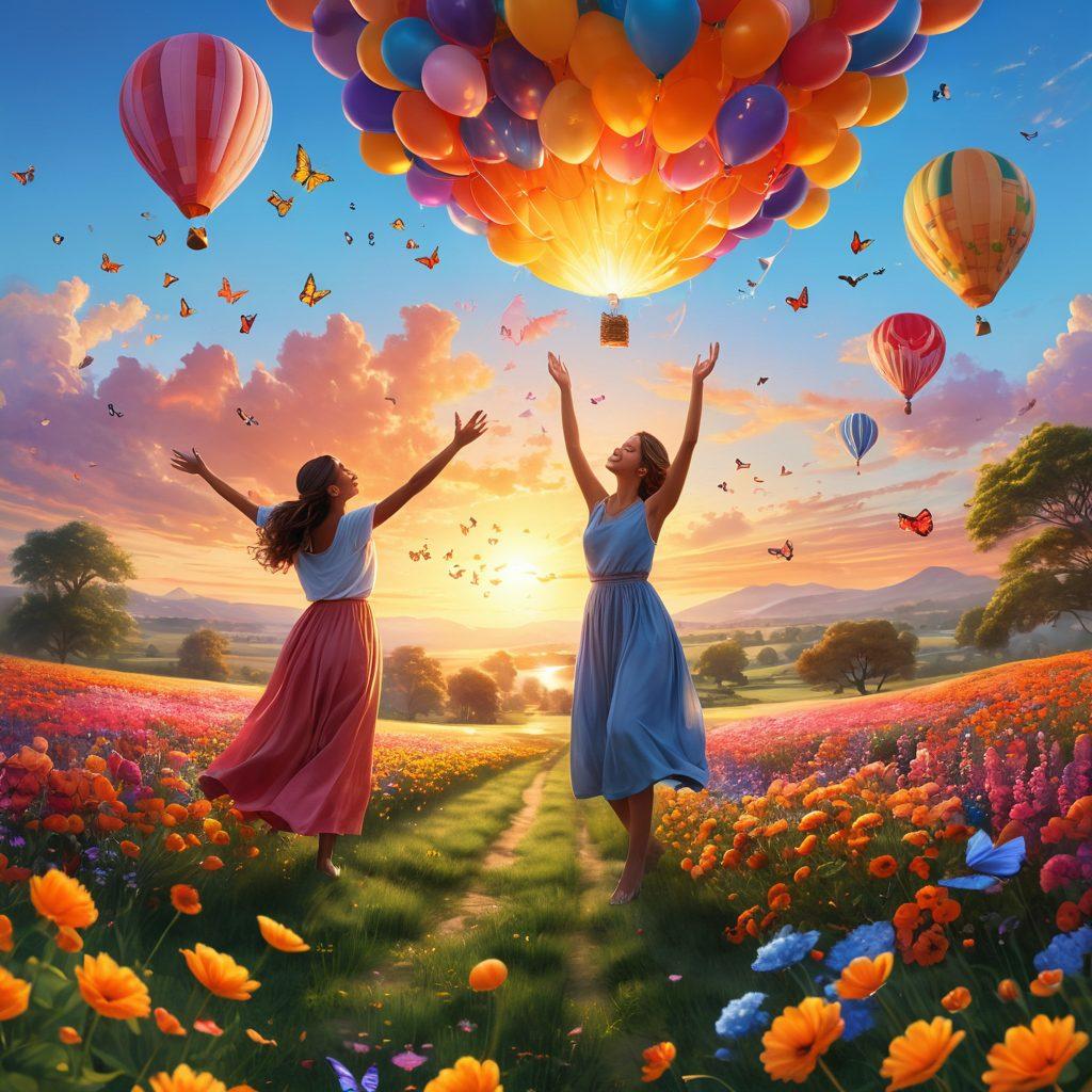 A radiant sunrise illuminating a serene landscape filled with diverse joyful people engaging in fun activities like dancing, laughing, and meditating. Incorporate symbols of joy such as butterflies, balloons, and vibrant flowers scattered around. The sky should be painted with pastel colors, and the scene should evoke a sense of bliss and positivity. super-realistic. vibrant colors. 3D.