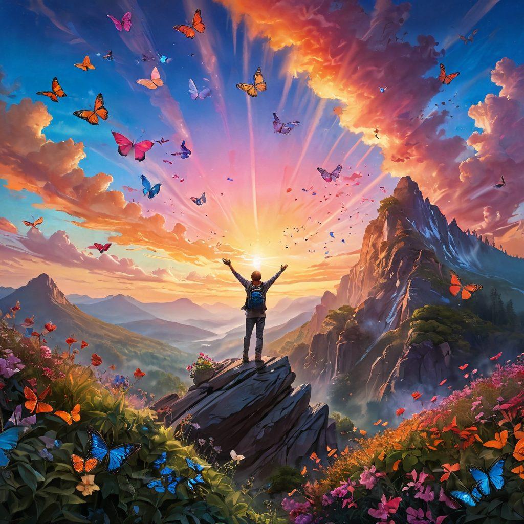 A serene landscape at sunrise with a figure standing atop a mountain, arms outstretched in joy and surrounded by colorful butterflies. In the sky, ethereal light beams cascade down, illuminating the scene with vibrant hues of orange, pink, and blue. Include elements of nature like lush greenery and flowering plants at the base. evoke feelings of peace and excitement. super-realistic. vibrant colors.