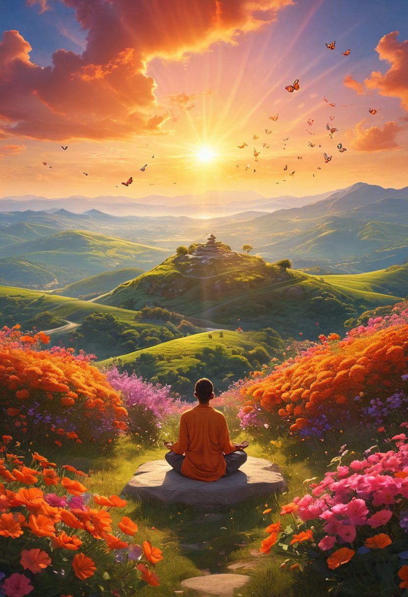 A serene landscape featuring a person meditating on a vibrant hilltop, surrounded by blooming flowers and a radiant sunset. Include subtle symbols of joy like butterflies and light rays. The atmosphere should exude peace and tranquility, inspiring a sense of fulfillment and happiness. super-realistic. vibrant colors. 3D.